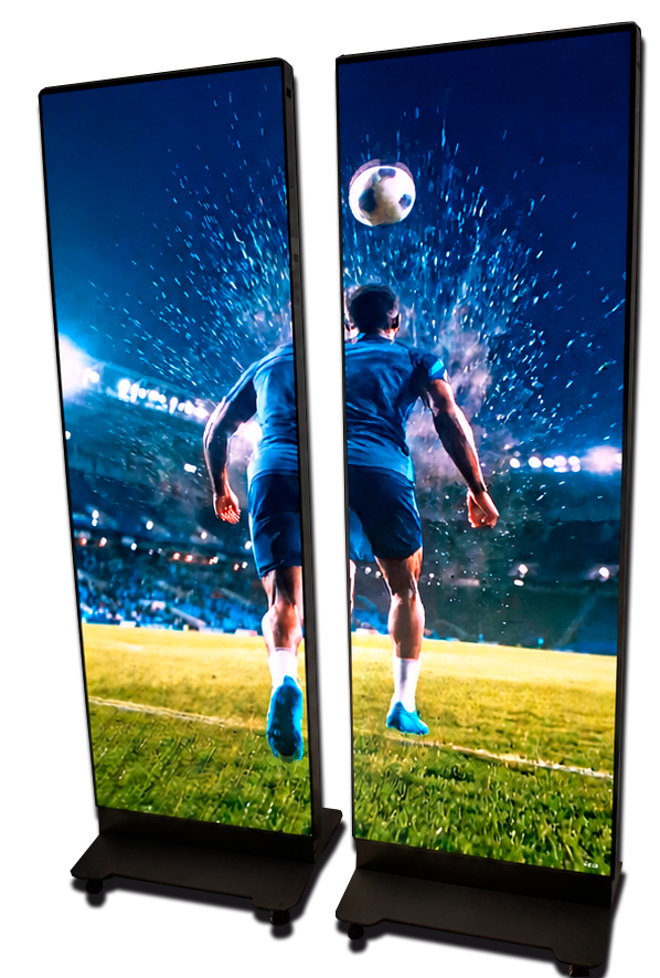 Dois totens de painel LED exibindo uma imagem esportiva
